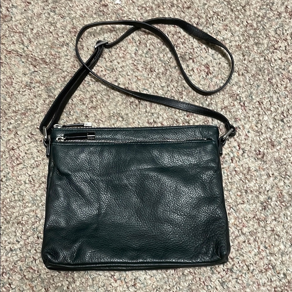 Margot Black Leather double zip pockets Crossbody Bag